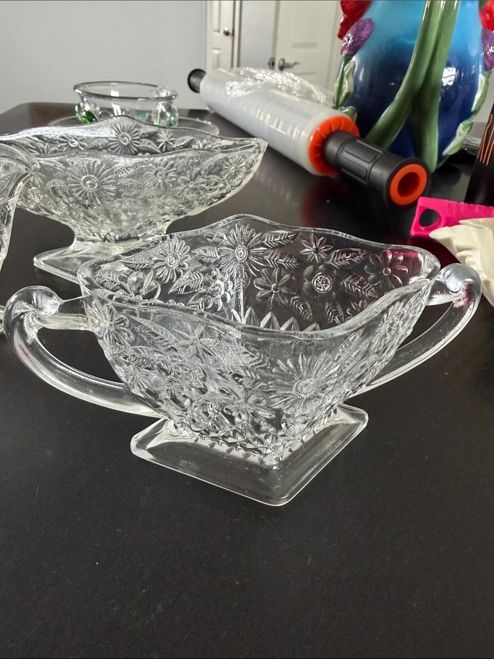 3 Piece Vintage Indiana Glass Sugar and Creamer Set - Pineapple - Floral Pattern